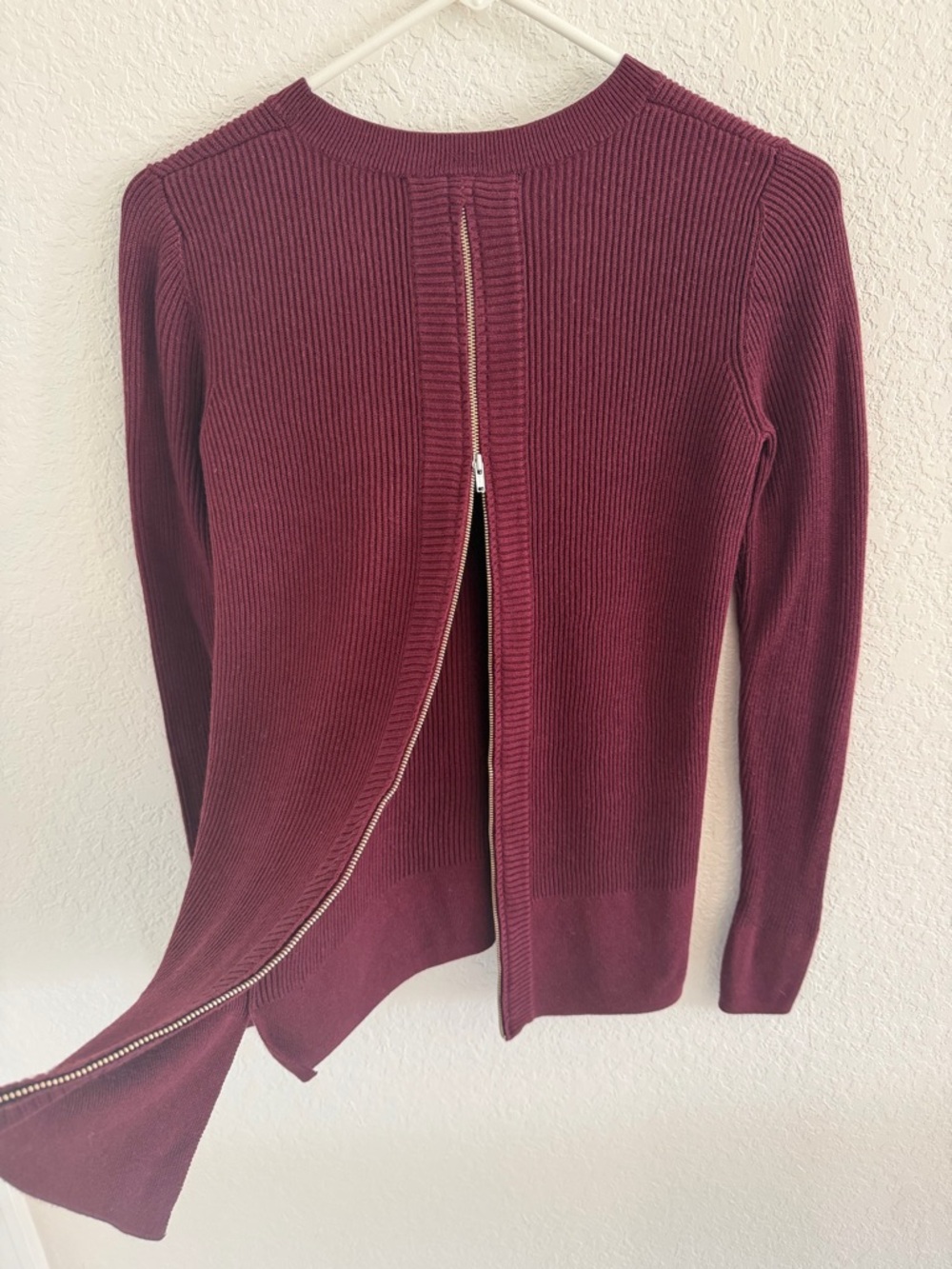 KOKUN Bamboo Cashmere Ribbed Long Sleeve Sweater Top Burgundy XS